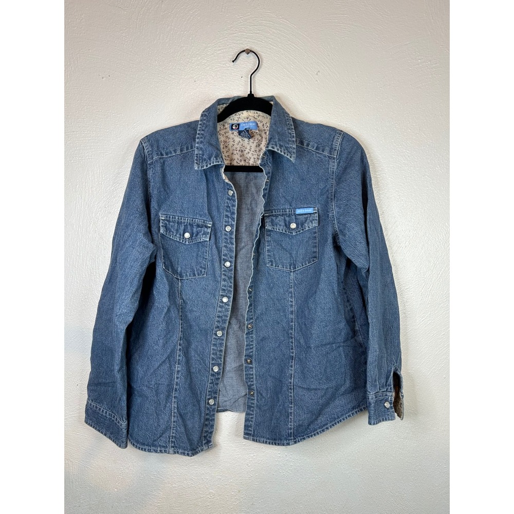 Duck Head Jeans Co Womens Petite Medium Denim Snap Button Down Floral Trim Shirt